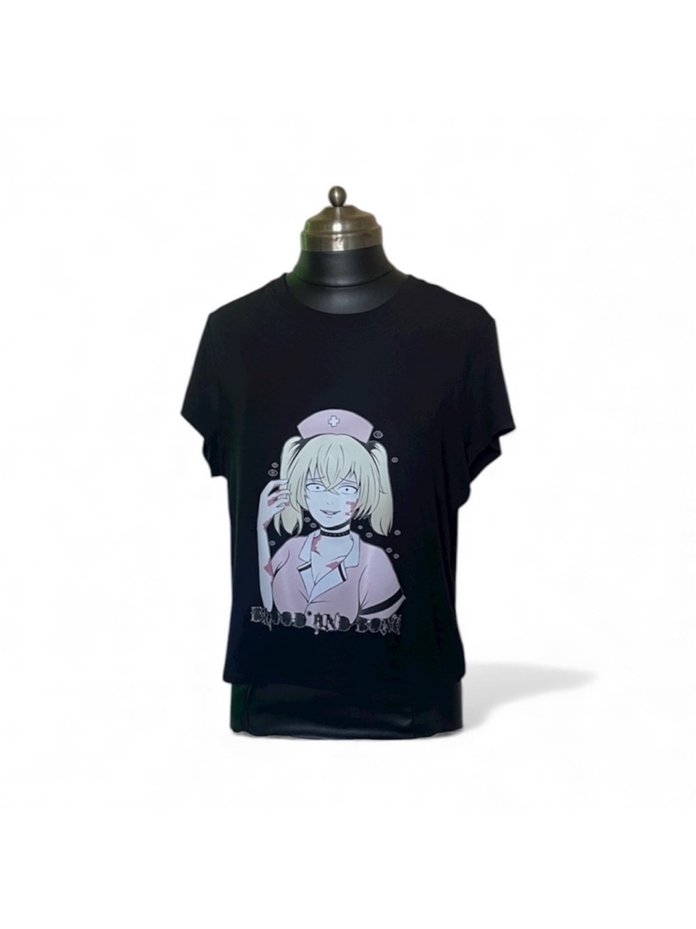 Black Graphic Nurse Anime Tee with Pink Accents